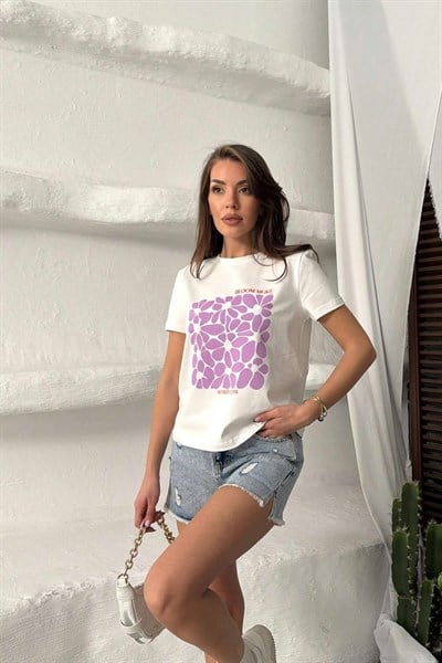 Kadın Beyaz Baskılı %100 Pamuk Tişört - 297RLX-2