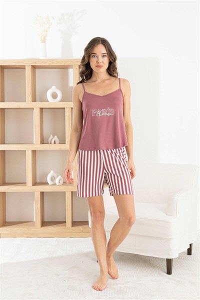 Kadın Bordo İp Askılı Şortlu Takım - 7624-8R