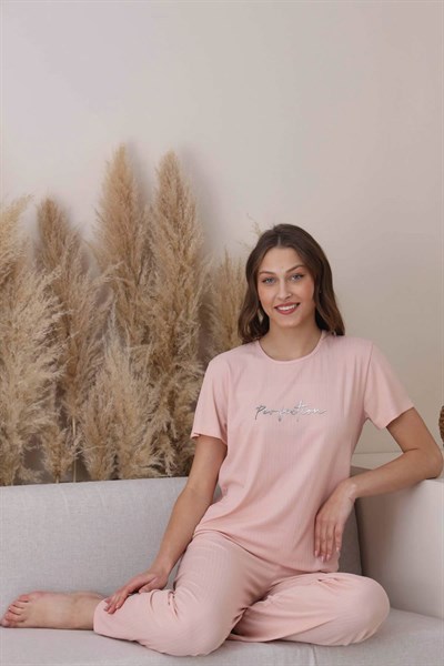 Kadın Dublin Raporlu Pembe Kısa Kol Alt Uzun Fitilli Pijama Takım - 5395-5R