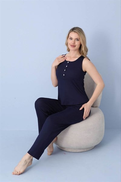 Kadın Lacvert Dublin Raporlu Kolsuz Alt Uzun Patlı Pijama Takım - 5360-9R