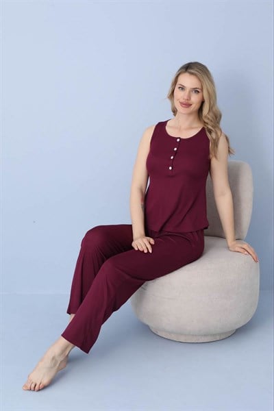 Kadın Mürdüm Dublin Raporlu Kolsuz Alt Uzun Patlı Pijama Takım - 5360-9R