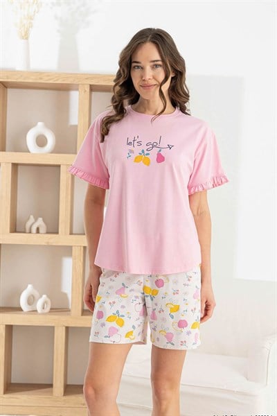 Kadın Pembe Likralı Penye Kısa Kol Pijama Takım - 1330-4R