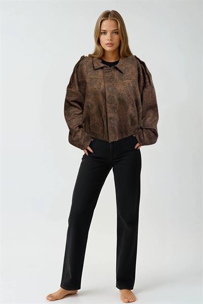 Kadın Retro Süet Kahverengi Oversize Ceket- D99786R
