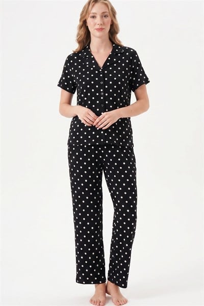 Kadın Siyah Viskon Gömlek Pijama- LB1002R