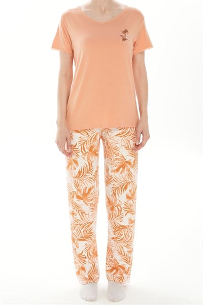 Kadın Turuncu Viskon-V Yaka Dantelli Pijama Takımı - 40113R