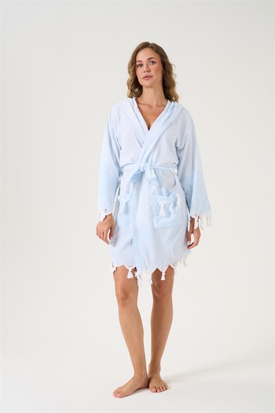 Unisex Mavi  %100 Pamuk Kapşonlu Peştemal Bornoz - 78275R