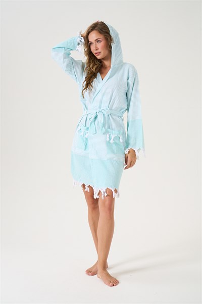 Unisex Mint %100 Pamuk Kapşonlu Peştemal Bornoz - 78275R