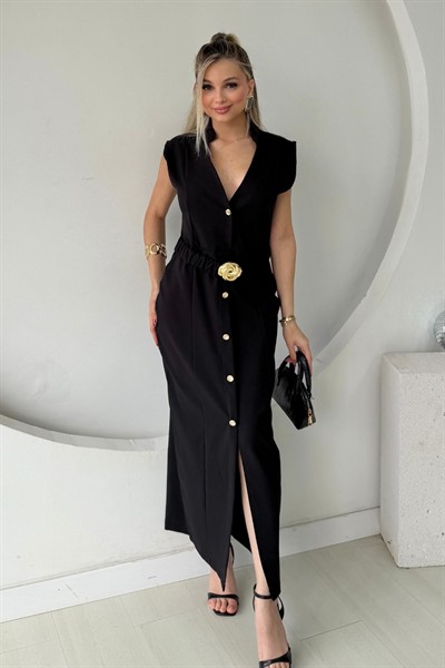 DİK YAKA BOYDAN DÜĞMELİ KEMERLİ ELBİSE SİYAH