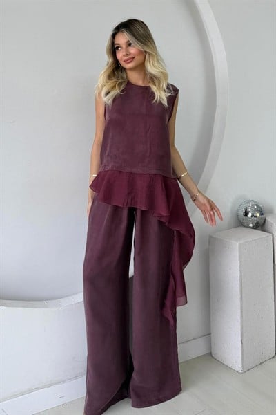GARNİLİ MODAL BLUZ PANTOLON TAKIM BORDO