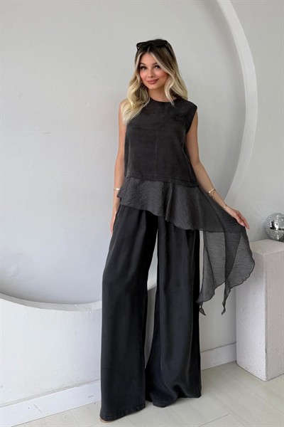 GARNİLİ MODAL BLUZ PANTOLON TAKIM SİYAH
