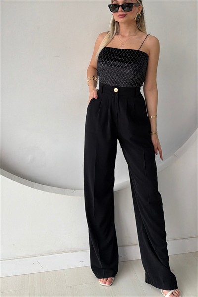 GOLD DÜĞME PALAZZO PANTOLON SİYAH