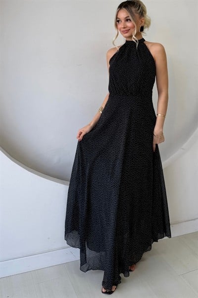HALTER YAKA PUANTİYELİ ŞİFON ELBİSE SİYAH
