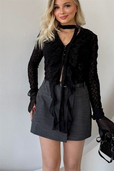 KEMERLİ GRİ ŞORT ETEK