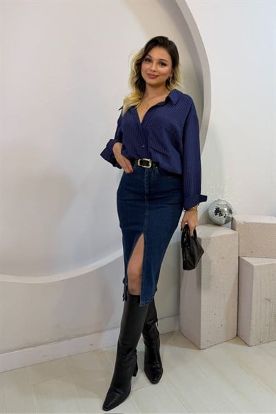 ÖNÜ YIRTMAÇLI FULL LİKRALI KOT ETEK