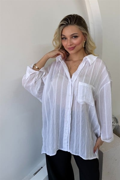 SİMLİ ÇİZGİLİ OVERSİZE GÖMLEK BEYAZ
