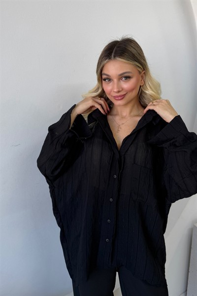 SİMLİ ÇİZGİLİ OVERSİZE GÖMLEK SİYAH