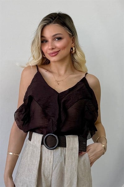 V YAKA VOLANLI ASKILI ŞİFON BLUZ