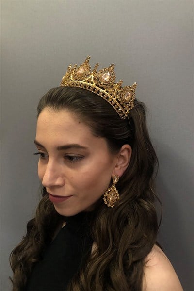 Ahu Model Bal Rengi Gelin Kına Tacı ve Küpesi