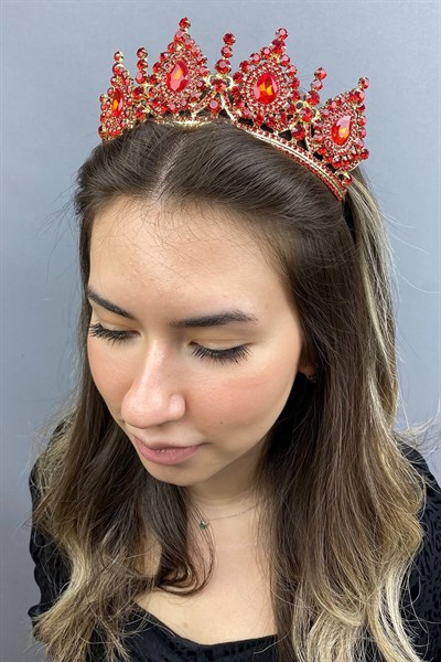 Ahu Model Kırmızı Gold Gelin Tacı