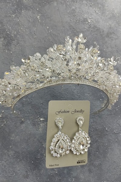 Akbahar Model Gelin Tacı Ve Damla Taşlı Küpe