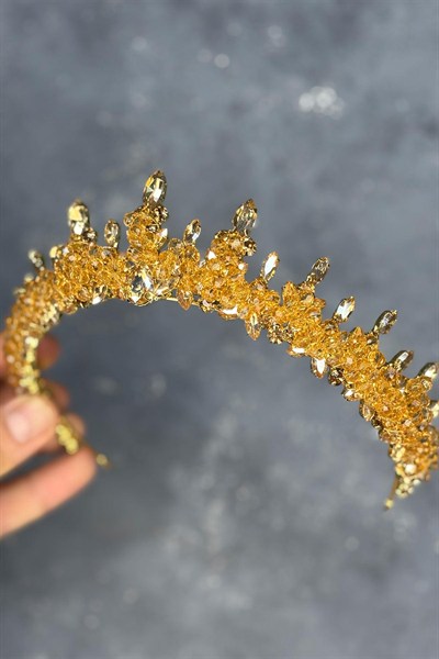 Bal Rengi Likya Boncuk İşlemeli Gelin Kına Tacı