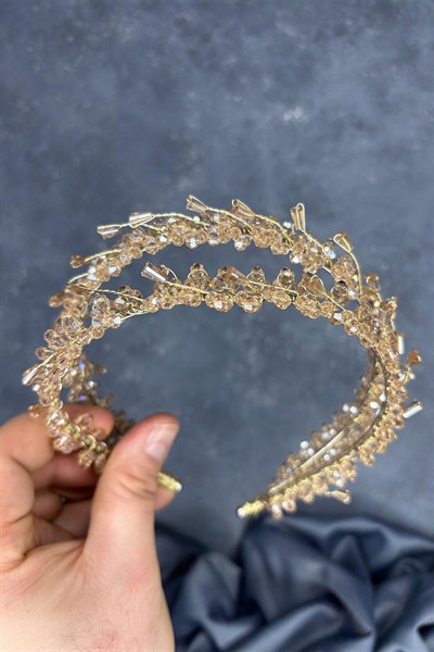 Bal Rengi Sare Model Çift Sıra Gelin Kına Tacı Saç Aksesuarı