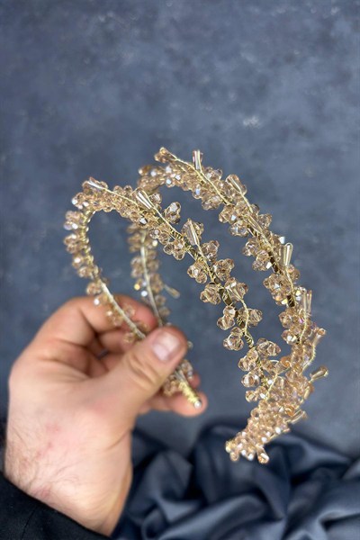 Bal Rengi Sare Model Çift Sıra Gelin Kına Tacı Saç Aksesuarı