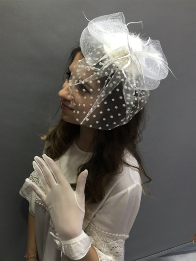 Beyaz  Eldiven-Puantiyeli Vualet Nikah Şapkası
