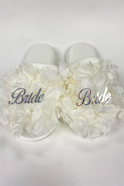 Beyaz Bride Yazılı Çiçekli Süslü Gelin Terliği