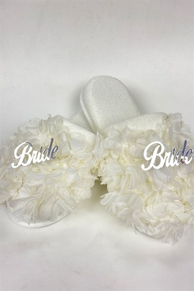 Beyaz Bride Yazılı Çiçekli Süslü Gelin Terliği
