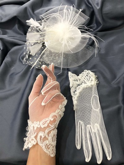 Beyaz Dantelli Eldiven- Puantiyeli Vualet Nikah Şapkası