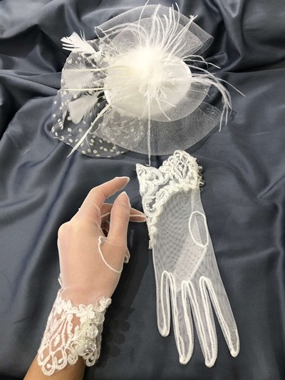 Beyaz Dantelli Eldiven- Puantiyeli Vualet Nikah Şapkası