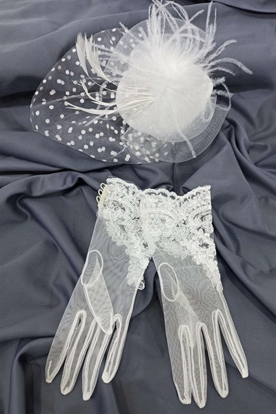 Beyaz Dantelli Tül Eldiven-Puantiyeli Vualet Nikah Şapkası