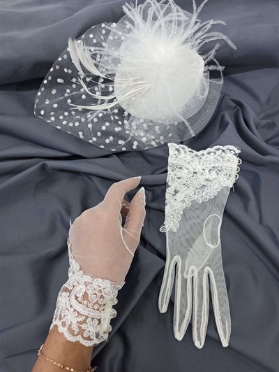 Beyaz Dantelli Tül Eldiven-Puantiyeli Vualet Nikah Şapkası