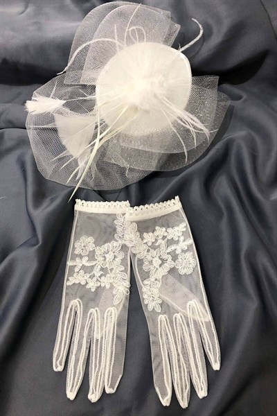 Beyaz İşlemeli Eldiven-Vualet Nikah Şapkası