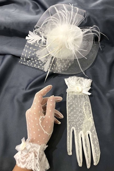 Beyaz Puantiyeli Eldiven-Vualet Nikah Şapkası