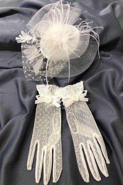 Beyaz Puantiyeli Eldiven-Vualet Nikah Şapkası