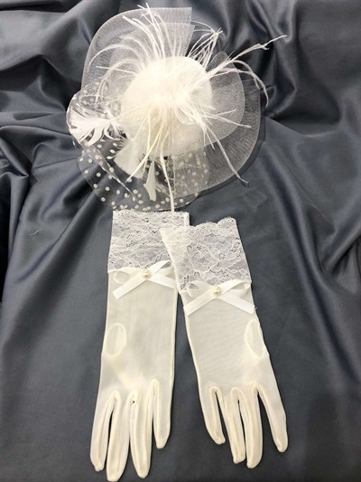 Beyaz Tül Eldiven- Puantiyeli Vualet Nikah Şapkası