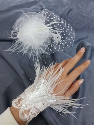 Beyaz Tüylü Bileklik Kalem ve Nikah Şapkası Takım