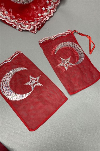 Biyeli Gelin Duvağı Ayyıldızlı Damat Örtüsü ve Takı Kurdele Seti