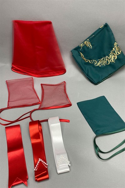 Biyeli Gelin Duvağı Nakışlı Damat Örtü ve Takı Kurdele Seti