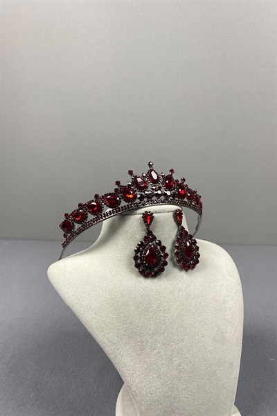 Bordo Ade Gelin Kına Tacı Ve Badem Taşlı Küpe Seti
