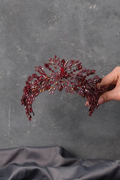 Bordo Arden Kristal Boncuklu Saç Bandı ve Gelin Kına Tacı
