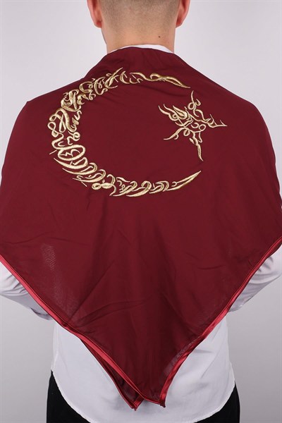 Bordo Ay Yıldız Gold Nakışlı Biyeli Damat Örtüsü