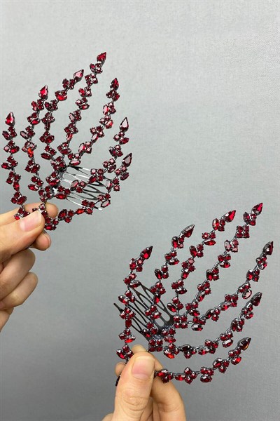 Bordo Çift Taraflı Yaprak Desenli Saç Aksesuarı Kına Tacı