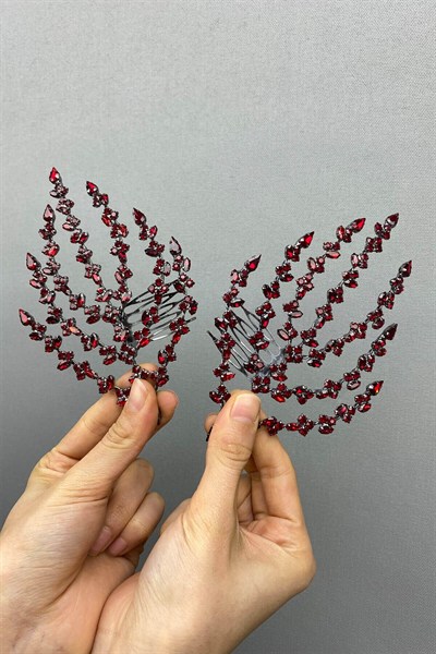Bordo Çift Taraflı Yaprak Desenli Saç Aksesuarı Kına Tacı