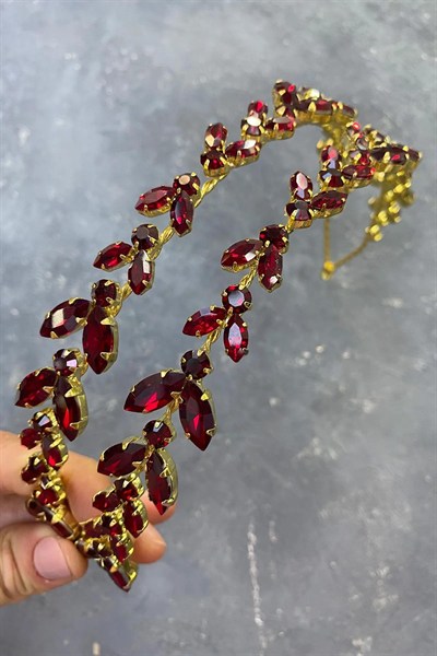 Bordo Gold Zemin Alfa Mekik Cam Kristal Taşlı Gelin Kına Tacı