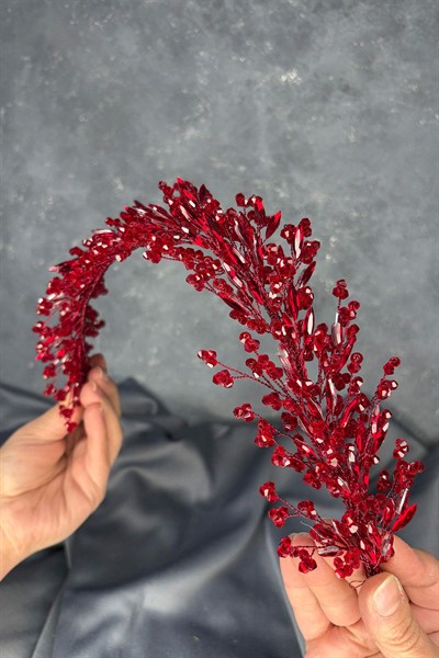 Bordo Hera Kristal Boncuklu Gelin Kına Tacı Saç Ve Türban Aksesuarı