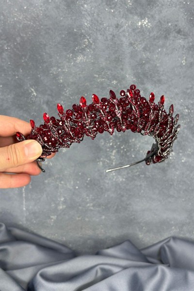 Bordo Kristal Boncuk İşlemeli Buğlem Gelin Tacı