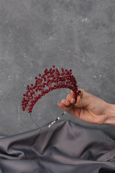 Bordo Kristal Boncuklu Aren Gelin Kına Tacı